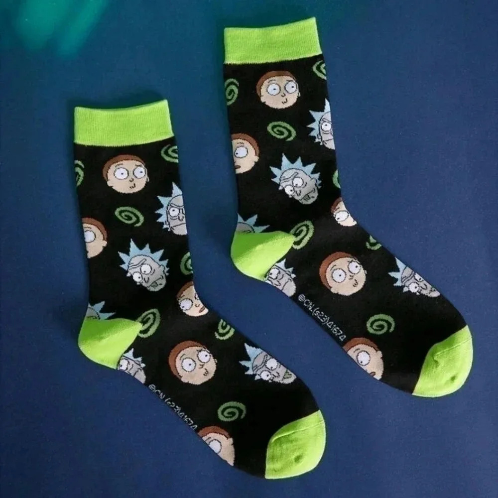 Rick and Morty funny black green men's fashion women's unisex crew socks TV show